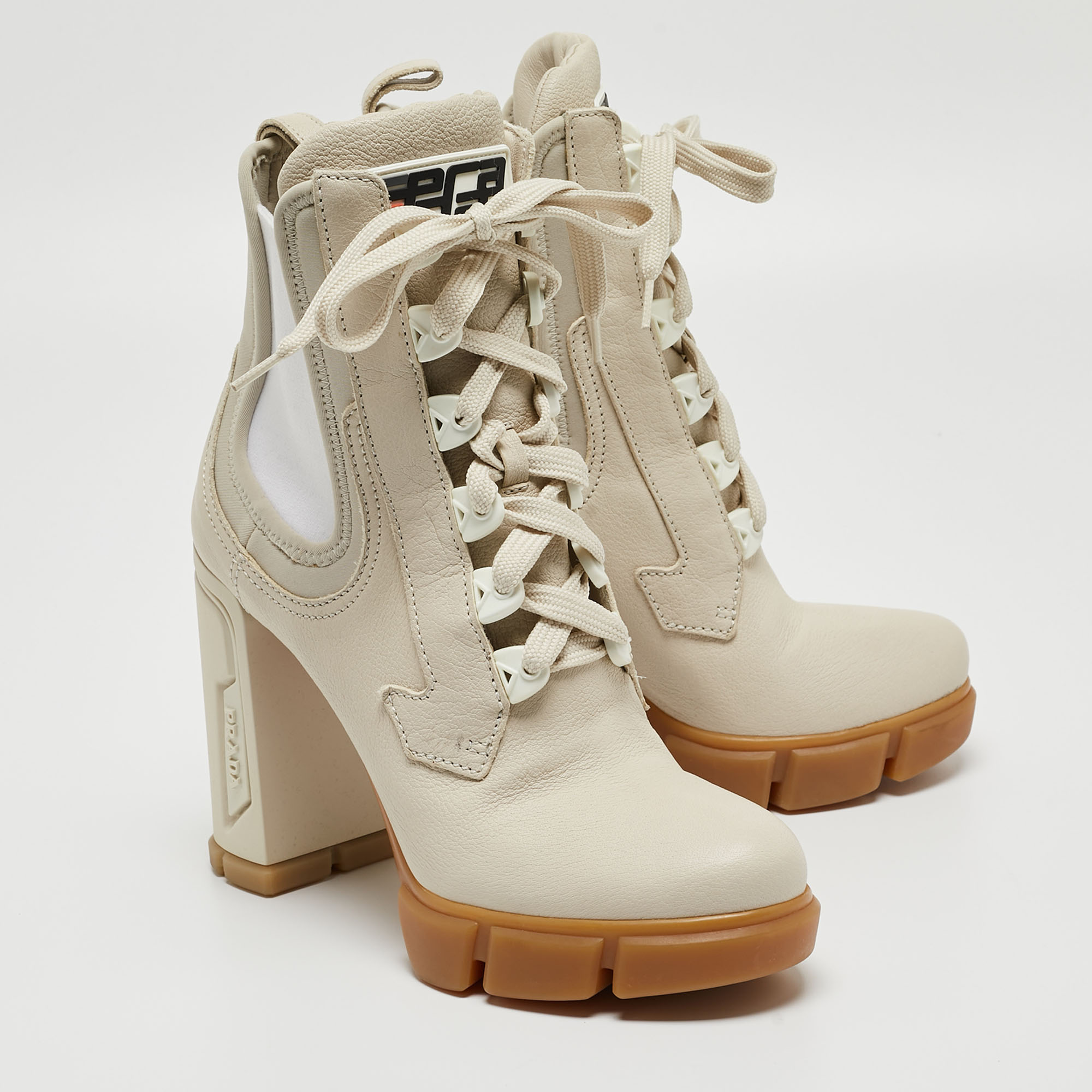 Prada Cream Neoprene And Leather Lace Up Combat Boots Size 38