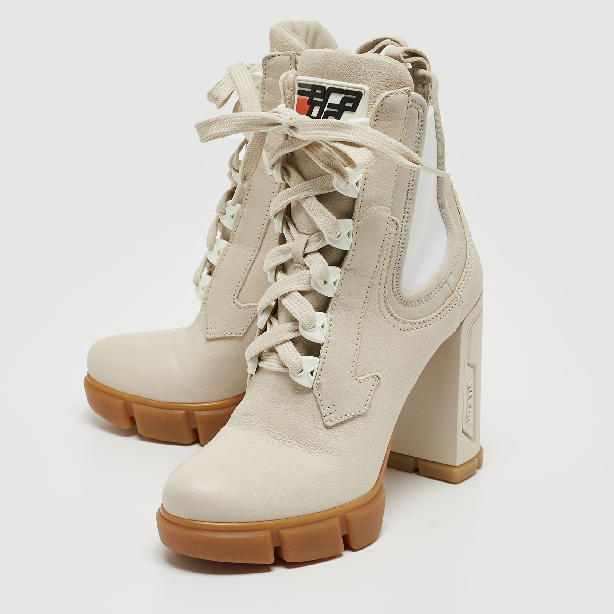 

Prada Cream Neoprene and Leather Lace Up Combat Boots Size