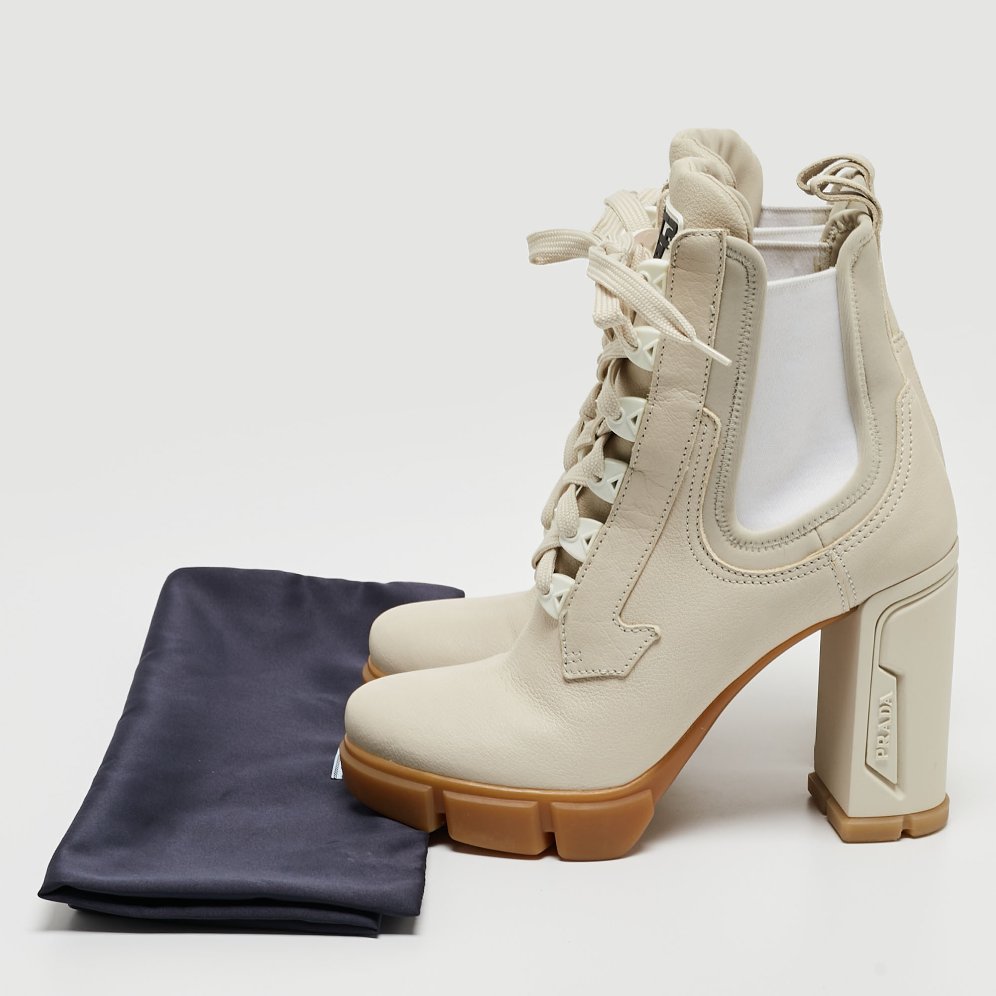 Prada Cream Neoprene And Leather Lace Up Combat Boots Size 38