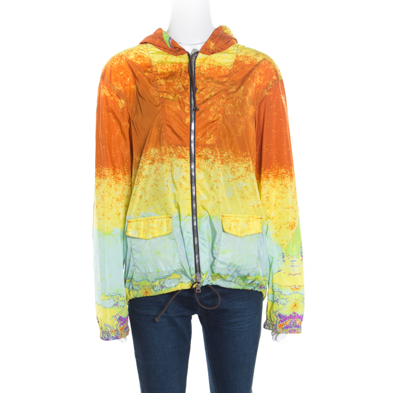 Image of Prada Sport Multicolor Acid Effect Zip Front Belted Hooded Jacket L