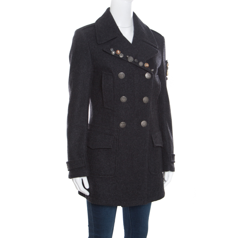 Prada Sport Grey Wool and Alpaca Button Embellished Double Breasted Coat S
