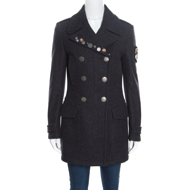 Image of Prada Sport Grey Wool and Alpaca Button Embellished Double Breasted Coat S