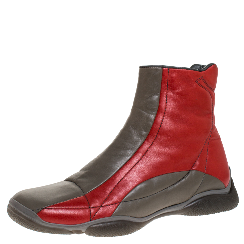 Image of Prada Sport Grey/Red Leather High Top Sneaker Boots Size