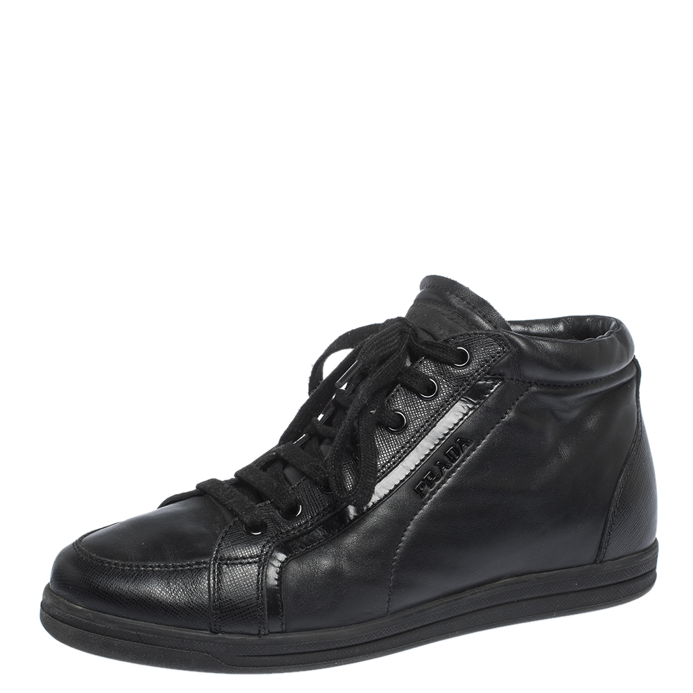 Image of Prada Sport Black Leather Lace up Sneakers Size .