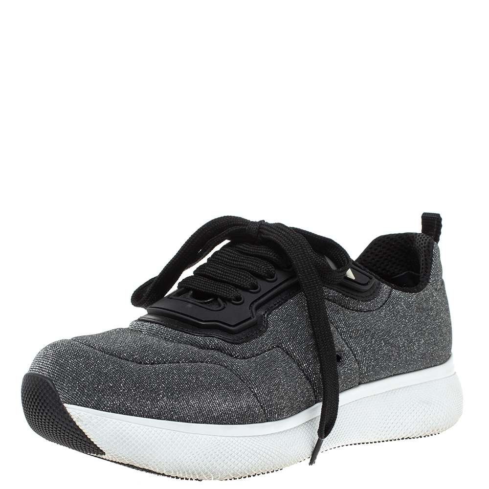 Image of Prada Sport Grey Shimmery Knit Fabric Low Top Sneakers Size .