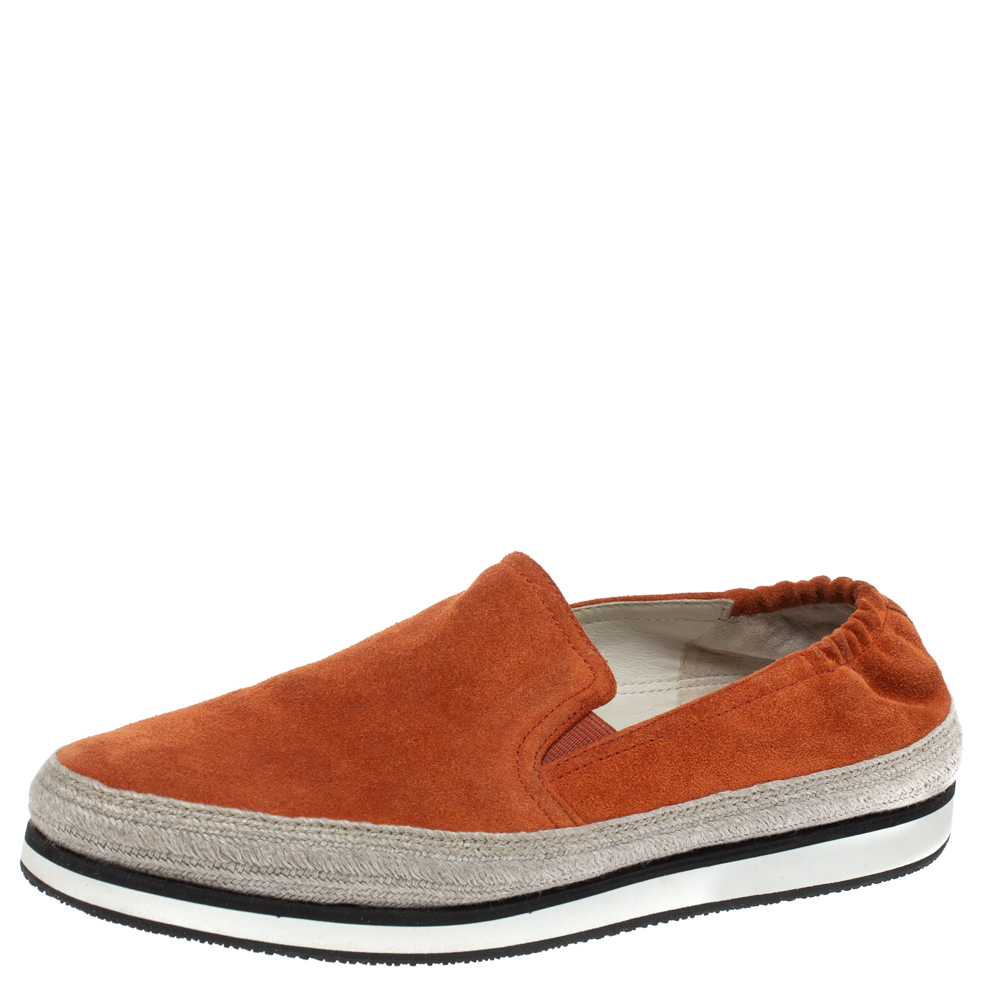 Image of Prada Sport Orange Suede Espadrille Sneakers .