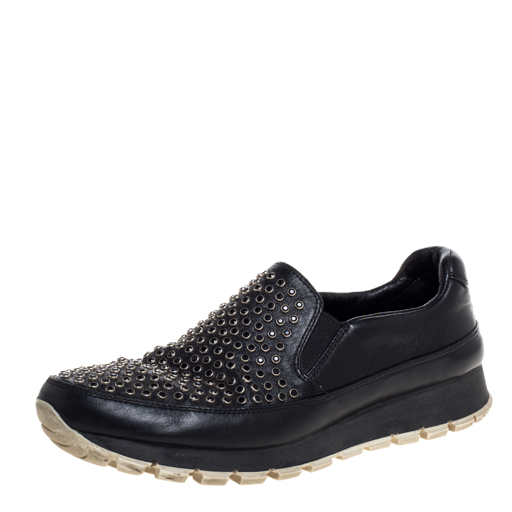 Image of Prada Sport Black Leather Studded Slip On Sneakers Size