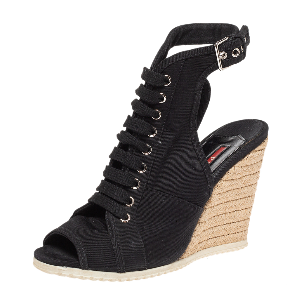 Image of Prada Sport Black Canvas Lace Up Slingback Espadrille Wedge Boots Size .