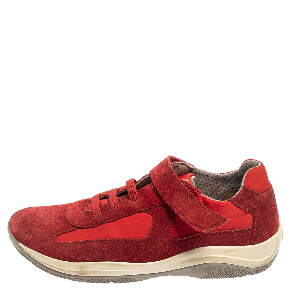 Prada Sport Red Suede And Nylon Low Top Sneaker Size 34