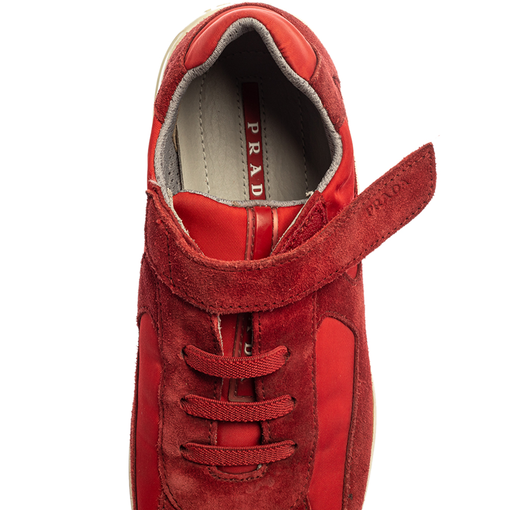 Prada Sport Red Suede And Nylon Low Top Sneaker Size 34