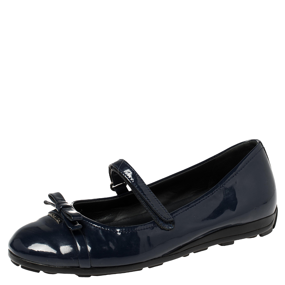 Prada Sport Blue Patent Leather Mary Jane Bow Ballet Flats Size 35