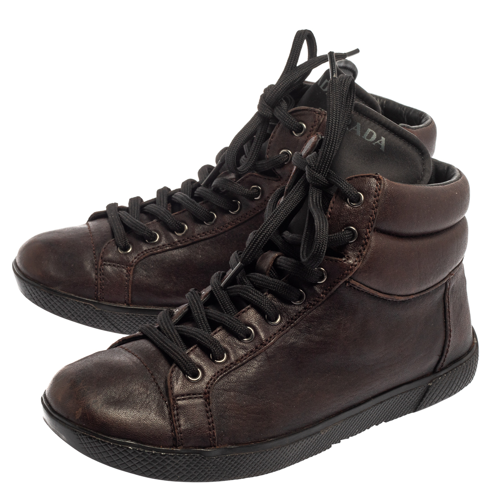 Prada Sport Brown Leather High Top Sneakers Size 35
