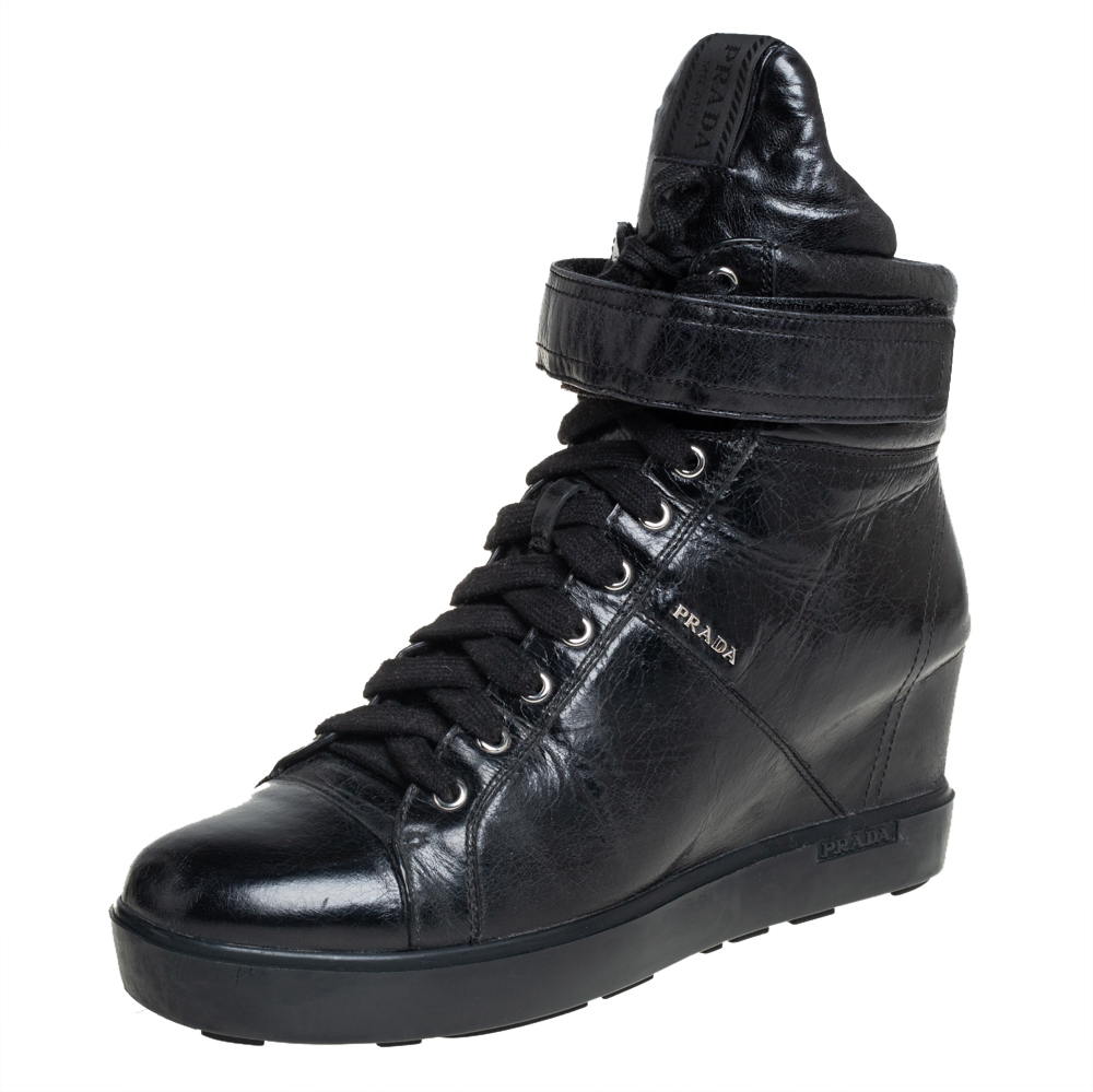Prada Sport Black Leather Wedge Sneakers Size 40