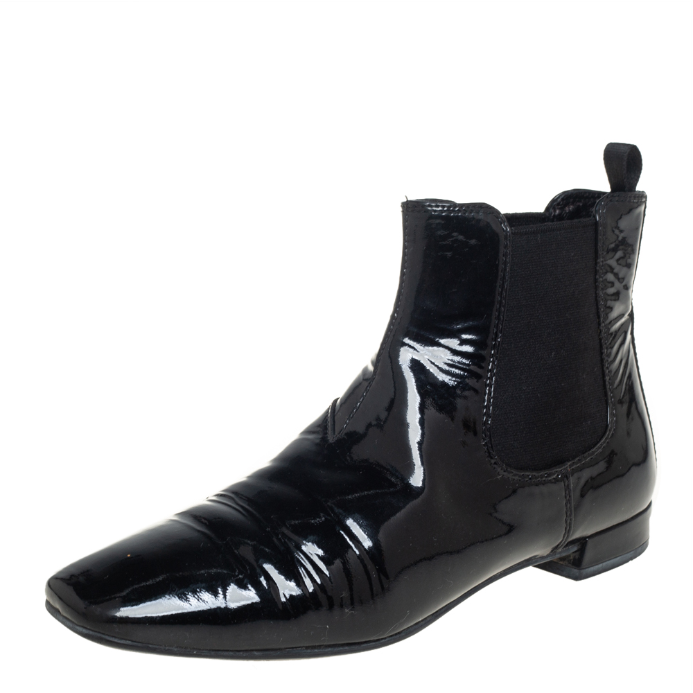 Prada Sport Black Patent Leather Chelsea Boots Size 36.5