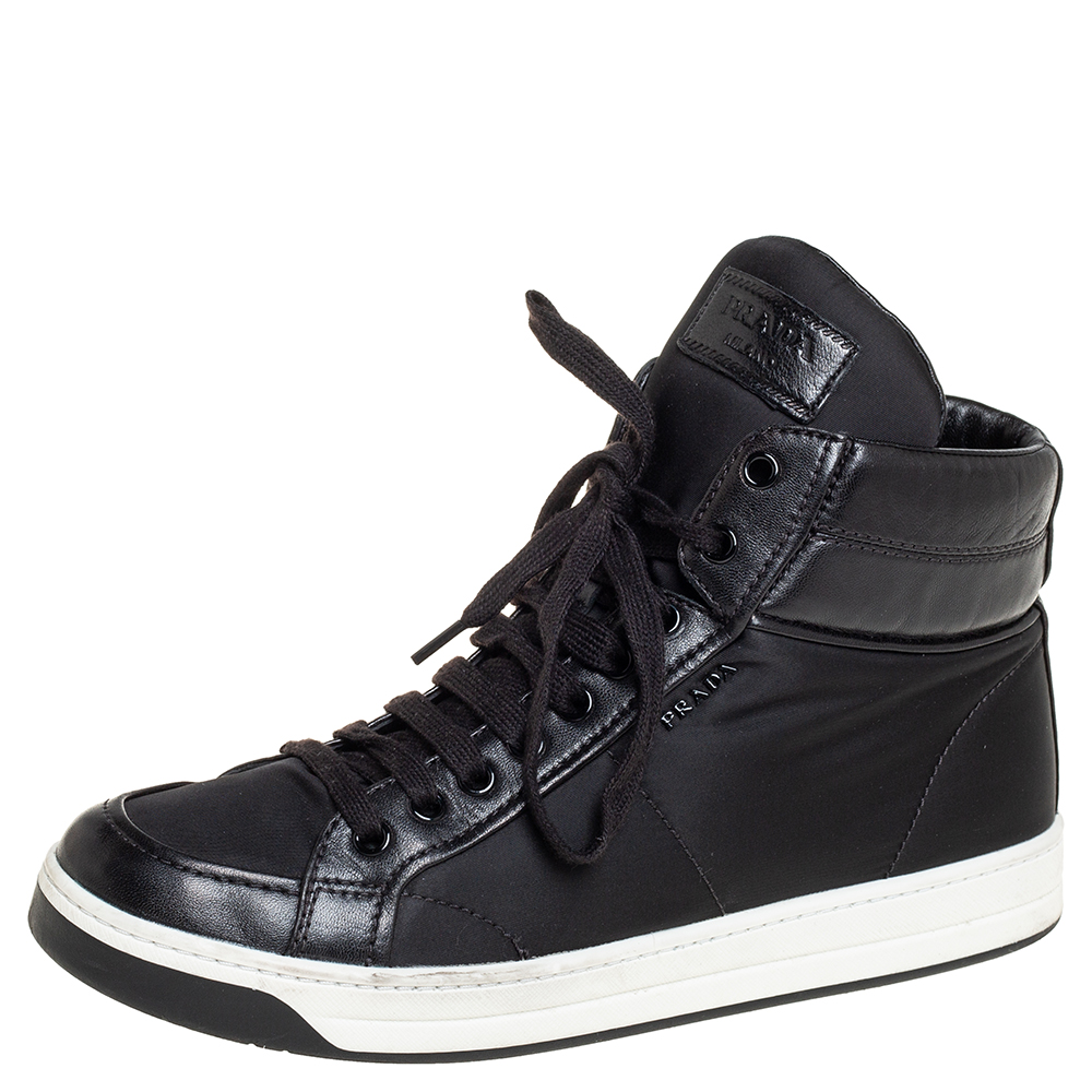 Prada Sport Black Nylon And Leather High Top Sneakers Size 40