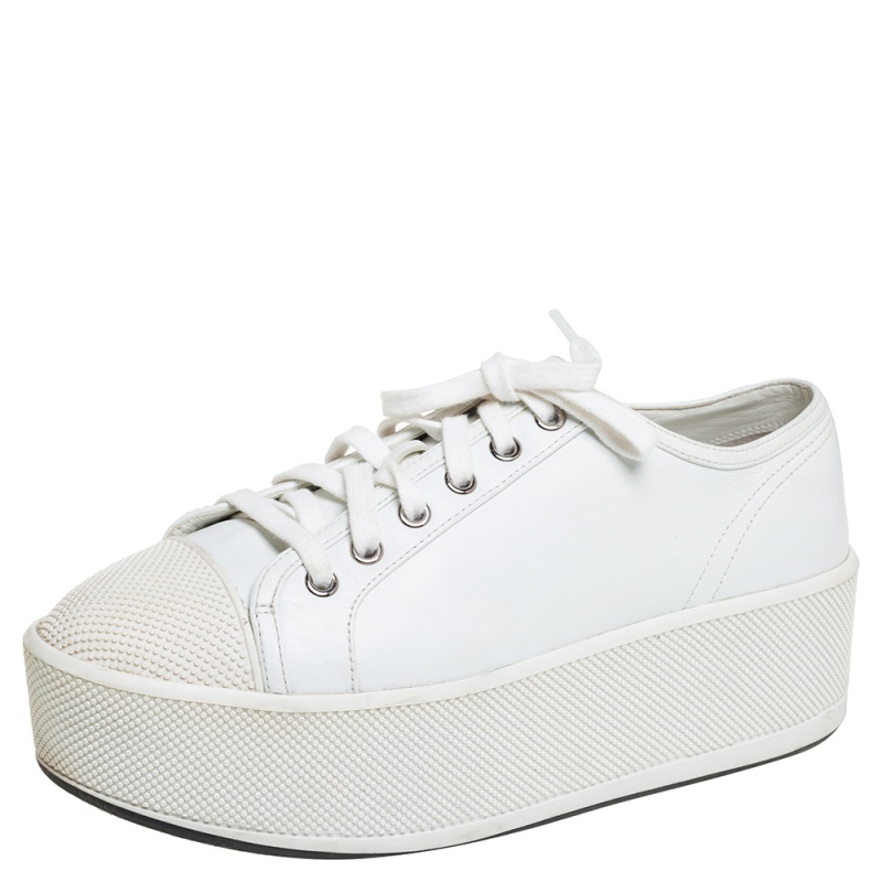Prada Sport White Leather Platform Low Top Sneakers Size 37