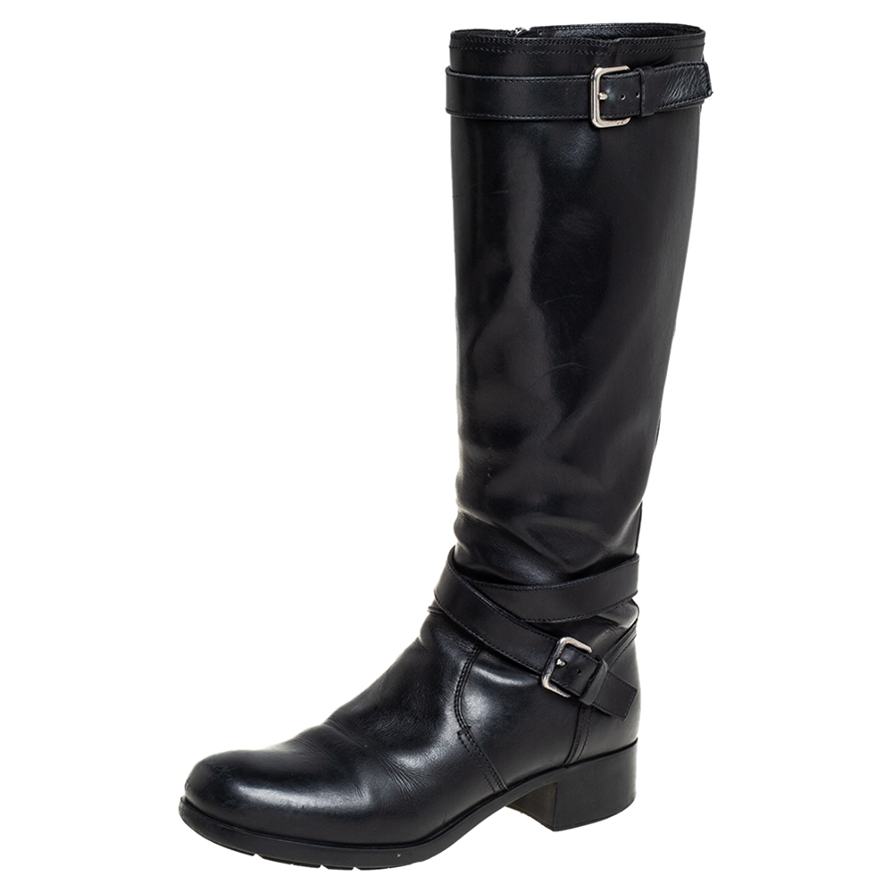 Prada Sport Black Leather Knee Length Boots Size 37