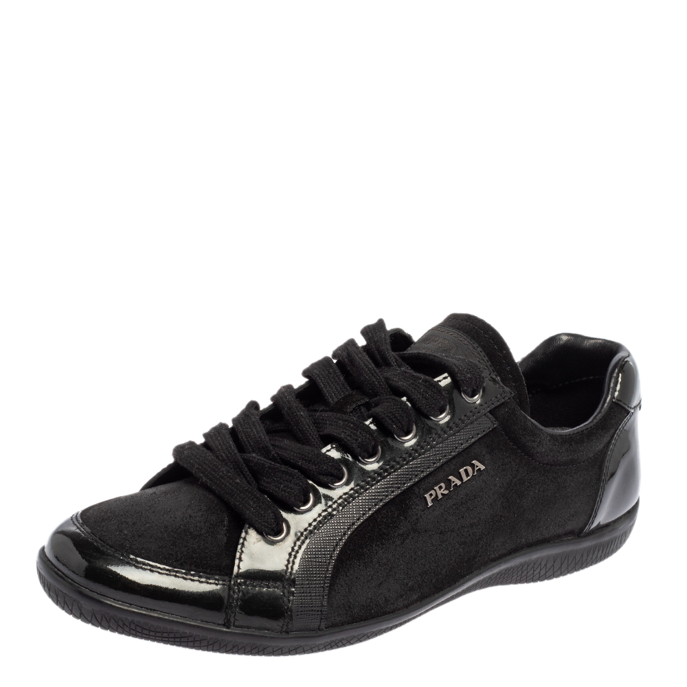 Prada Sport Black Suede And Patent Leather Low Top Sneakers Size 38