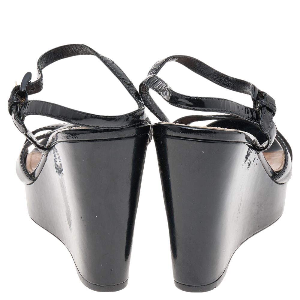 Prada Sport Black Patent Leather Wedge Platform Ankle Strap Sandals Size 38
