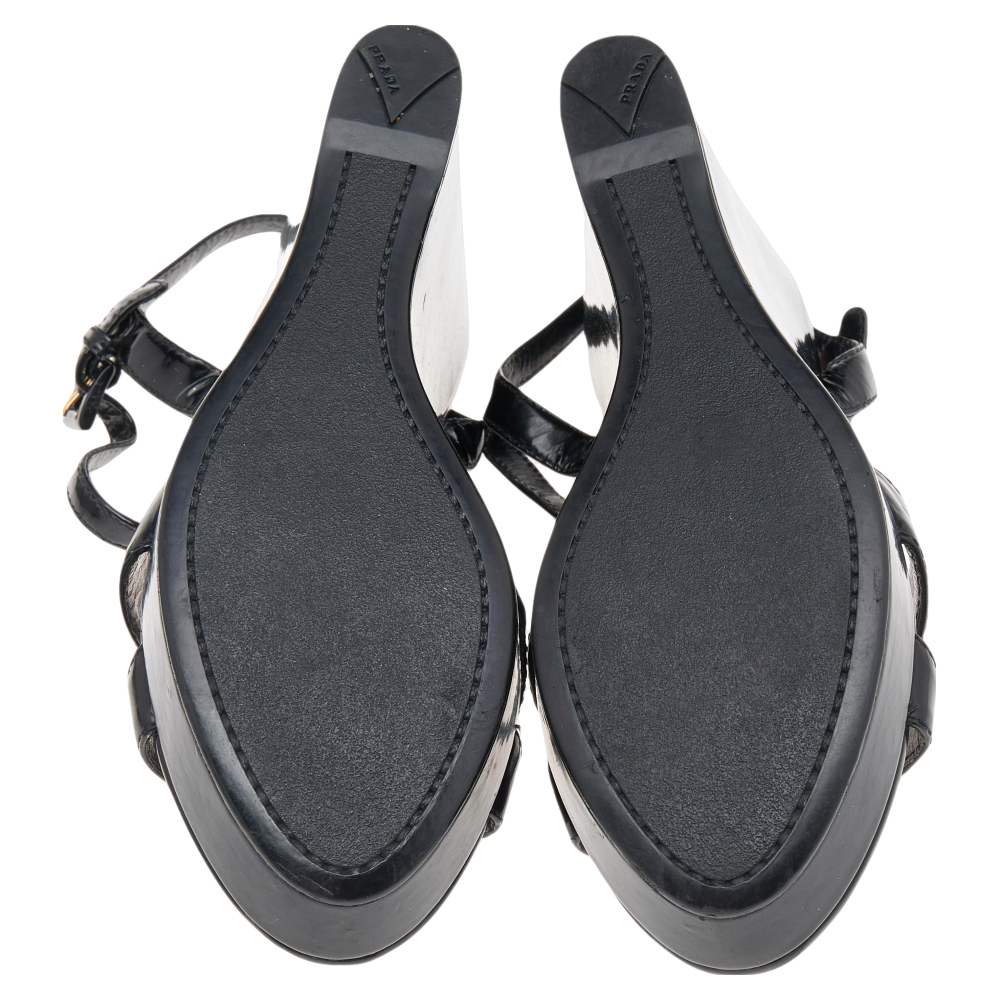 Prada Sport Black Patent Leather Wedge Platform Ankle Strap Sandals Size 38