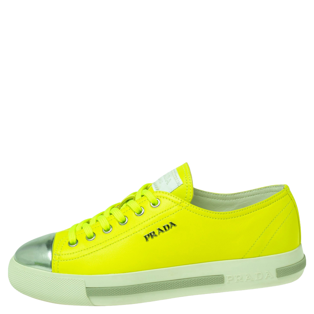 

Prada Sport Neon Green/Silver Leather Cap Toe Low Top Sneakers Size