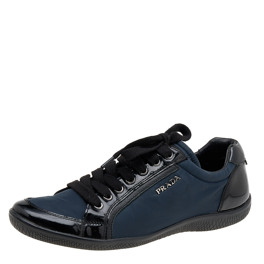 Prada Sport Black/Navy Blue Patent Leather And Nylon Low Top Sneakers Size 38