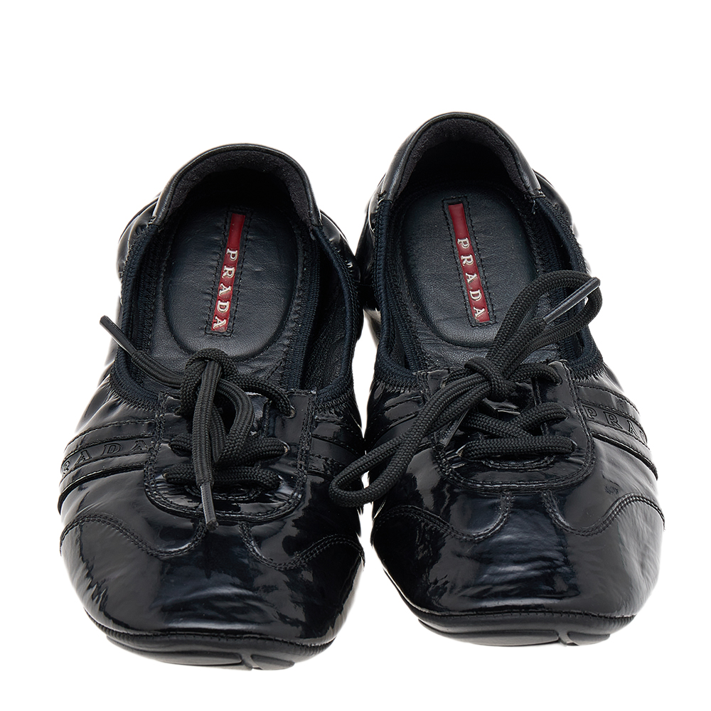 Prada Sport Black Patent Leather Lace Up Ballet Flats Size 36.5