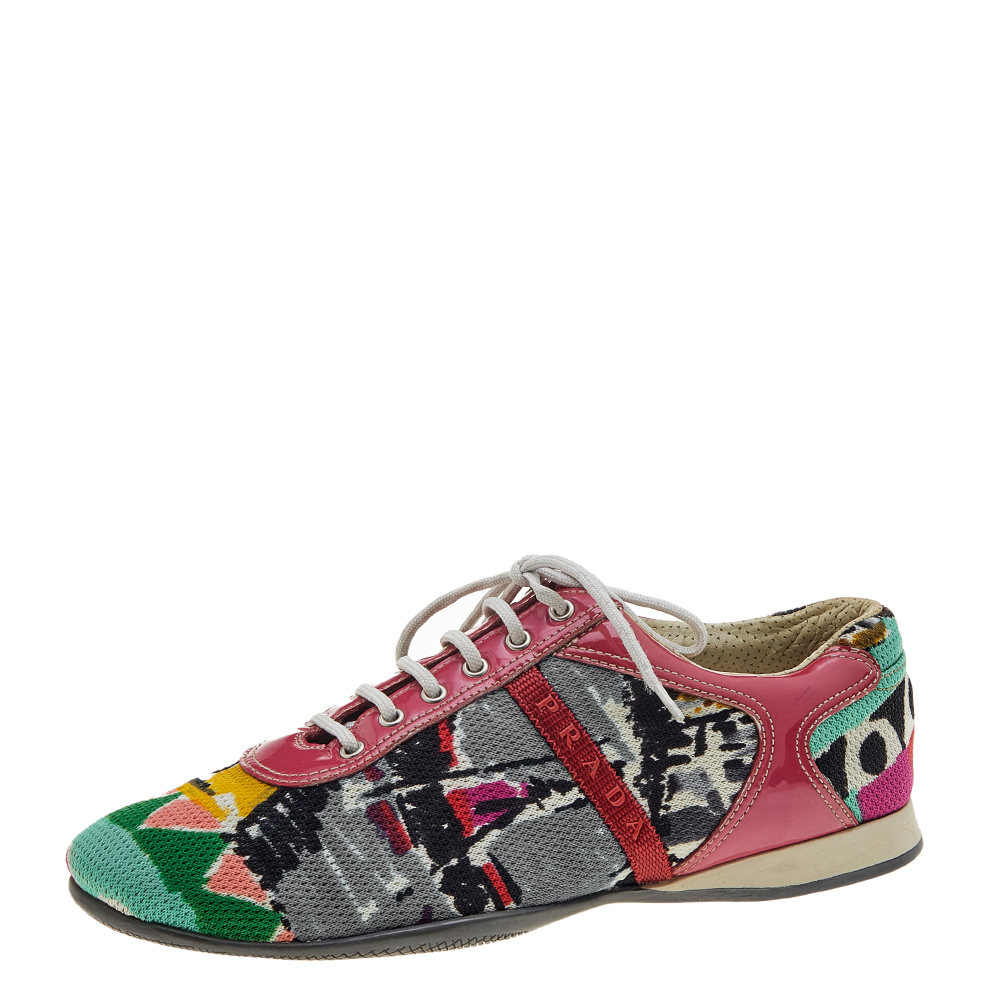 Prada Sport Multicolor Fabric And Patent Leather Low Top Sneakers Size 38.5