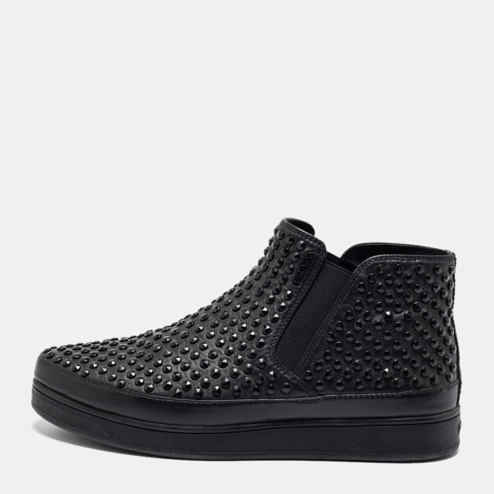 Prada Sport Black Leather Spikes Embellished Slip-On Sneakers Size 37