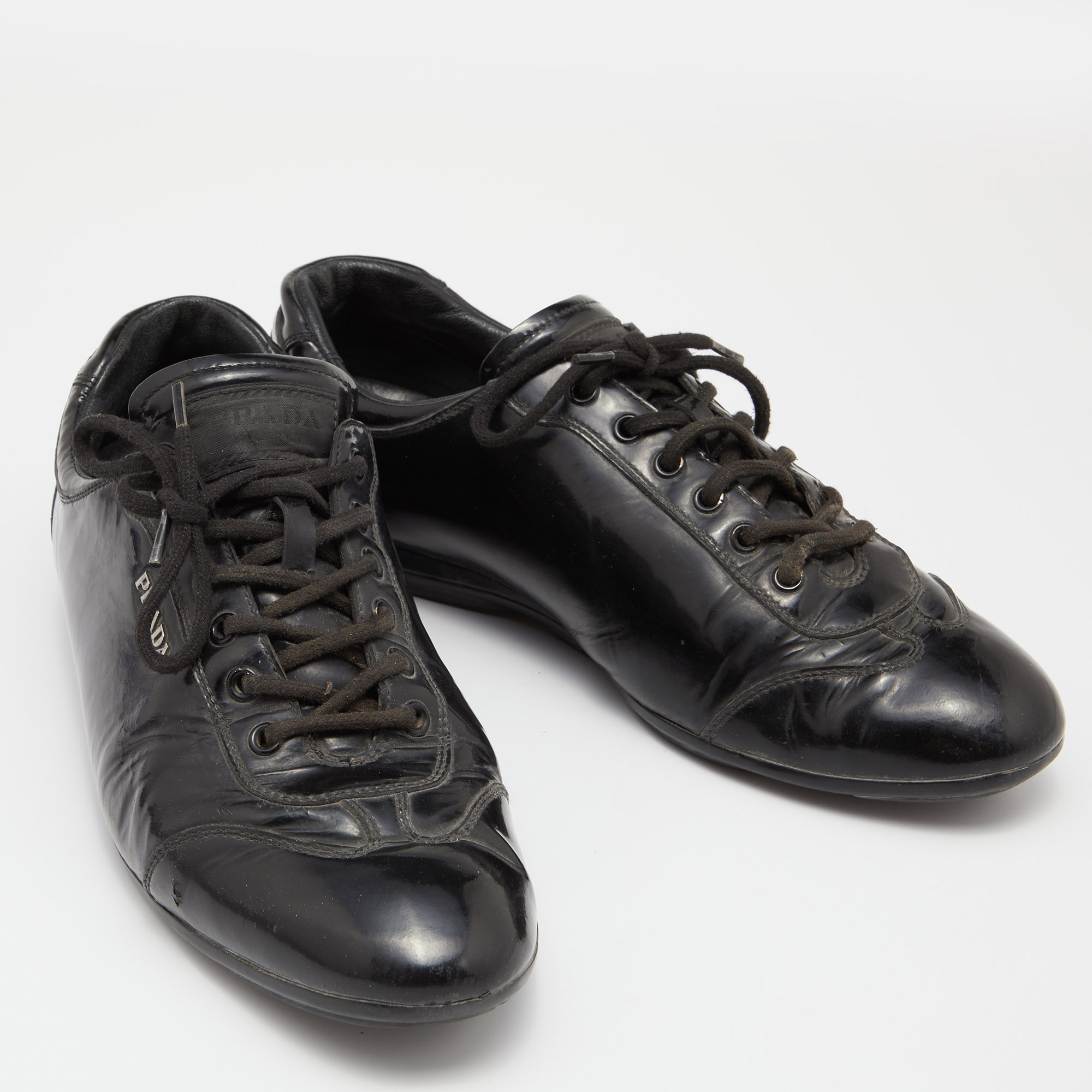Prada Sports Black Patent Leather Low Top Sneakers Size 40