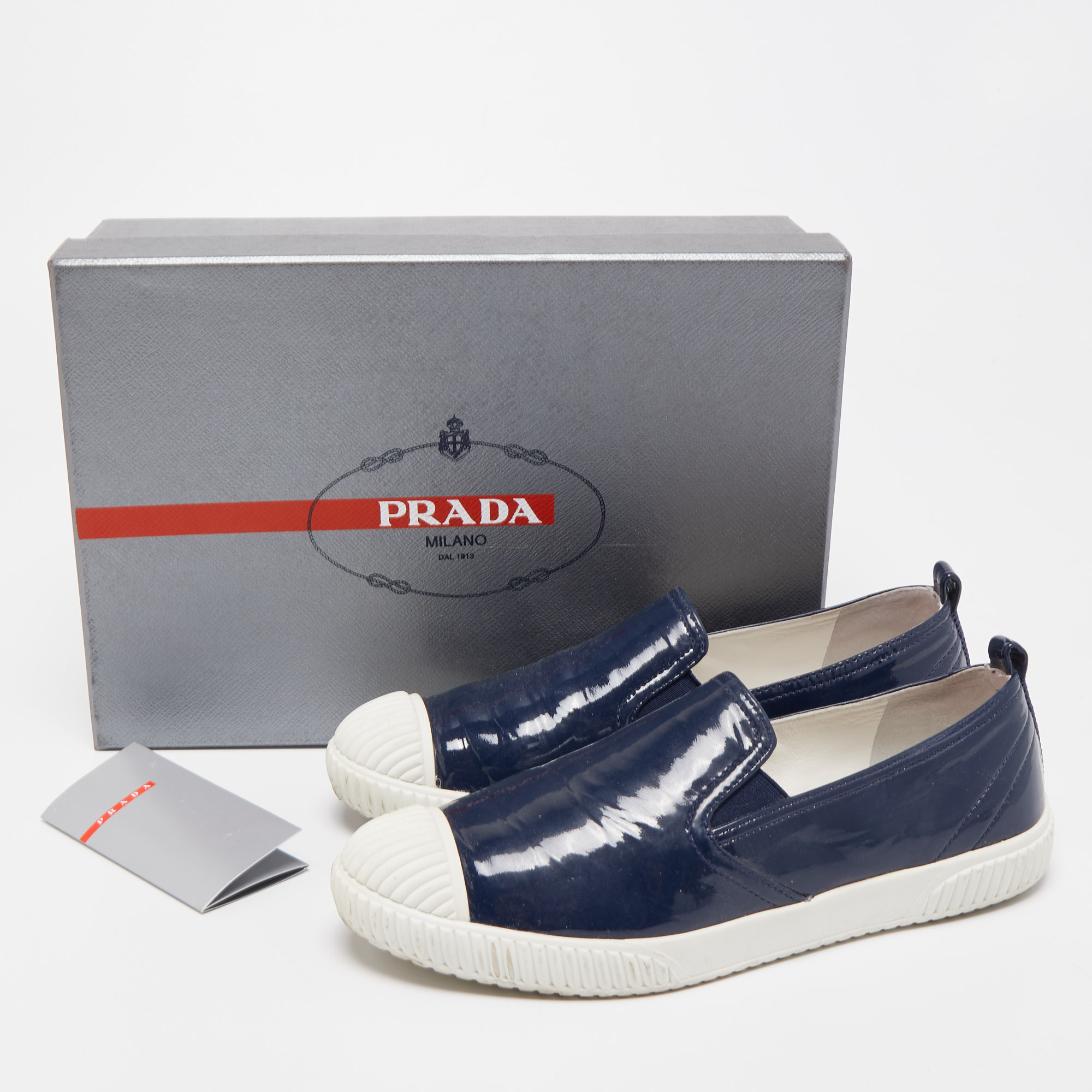Prada Sport Navy Blue Patent Leather Slip-On Sneakers Size 37.5