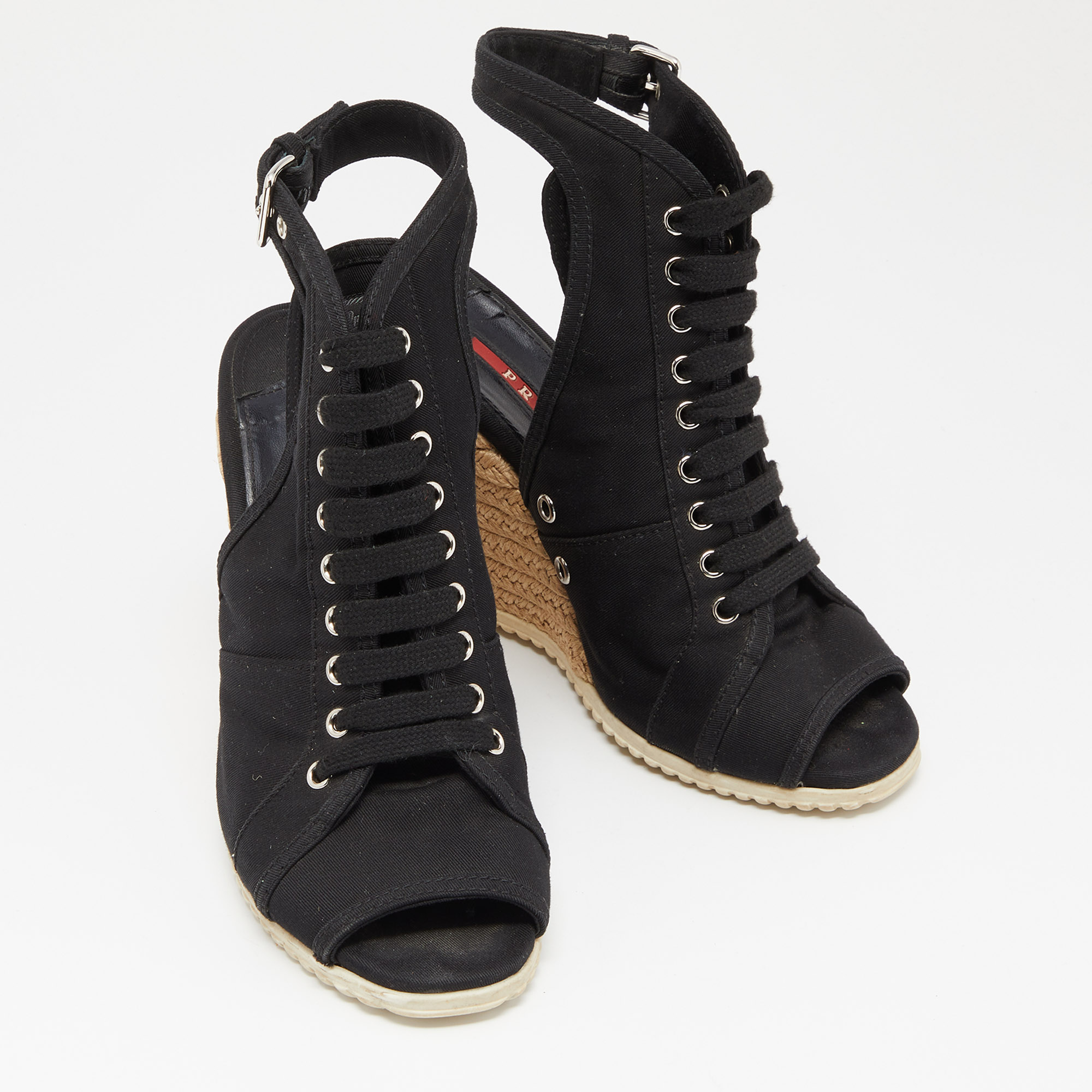 Prada Sport Black Canvas Espadrille Wedge Slingback Sandals Size 38.5