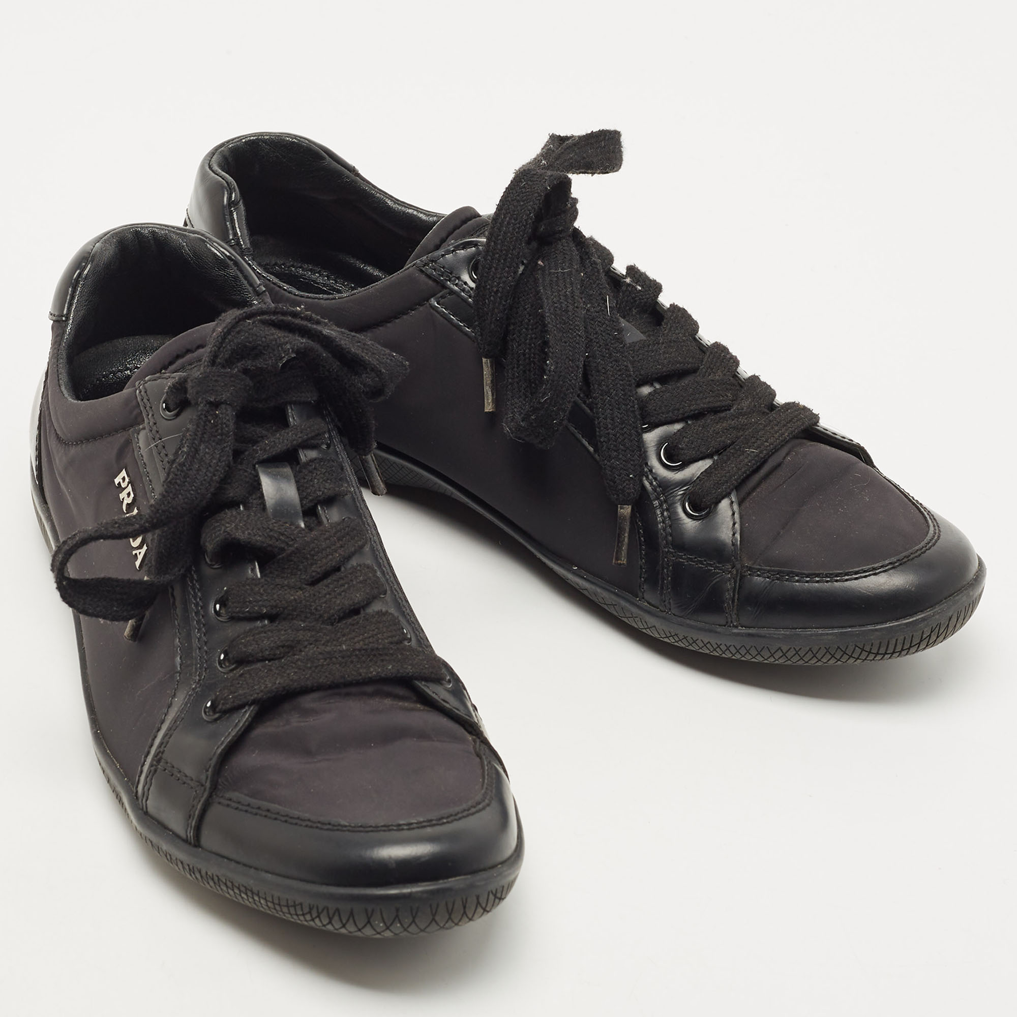 Prada Sport Black Nylon Fabric And Leather Low Top Sneakers Size 37.5