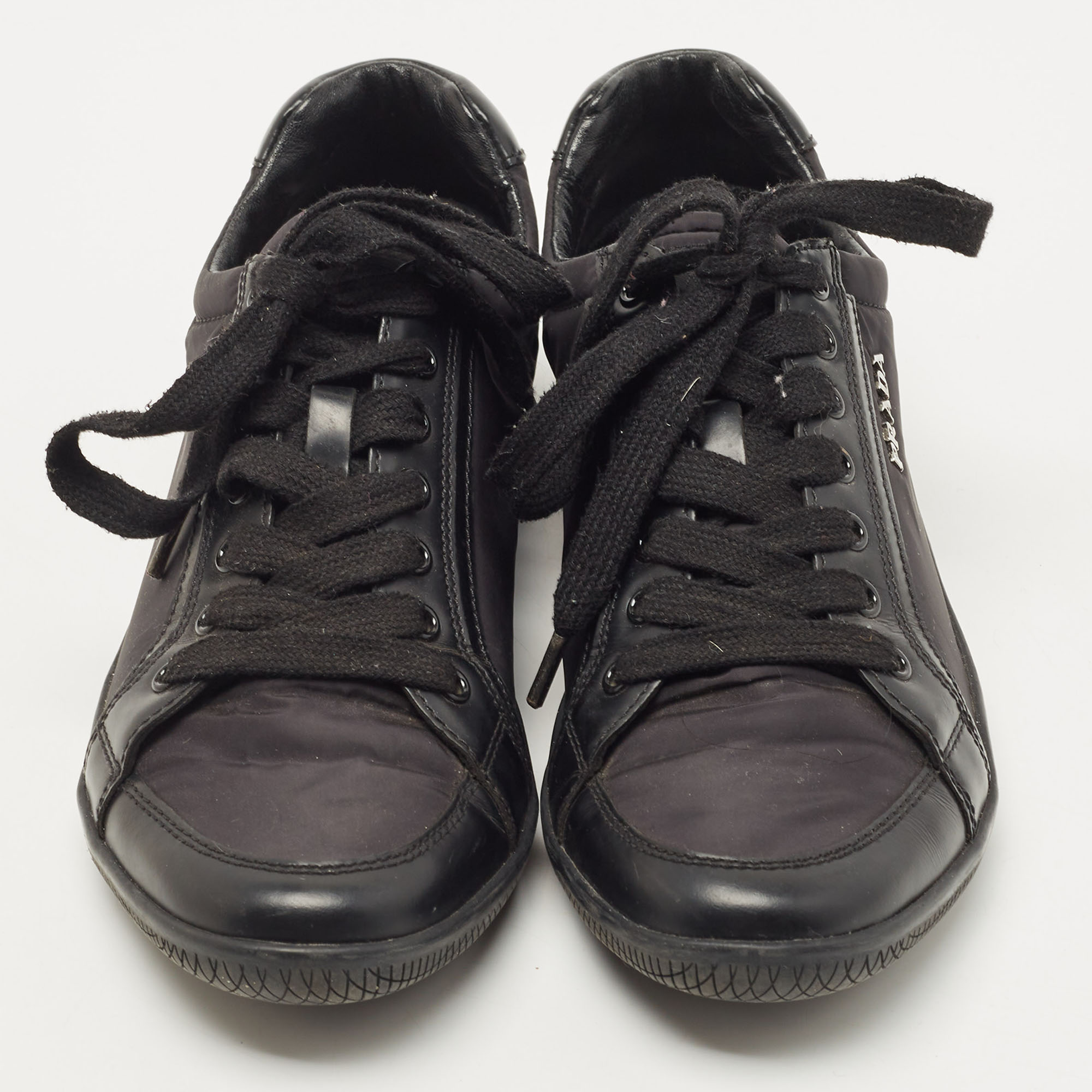 Prada Sport Black Nylon Fabric And Leather Low Top Sneakers Size 37.5