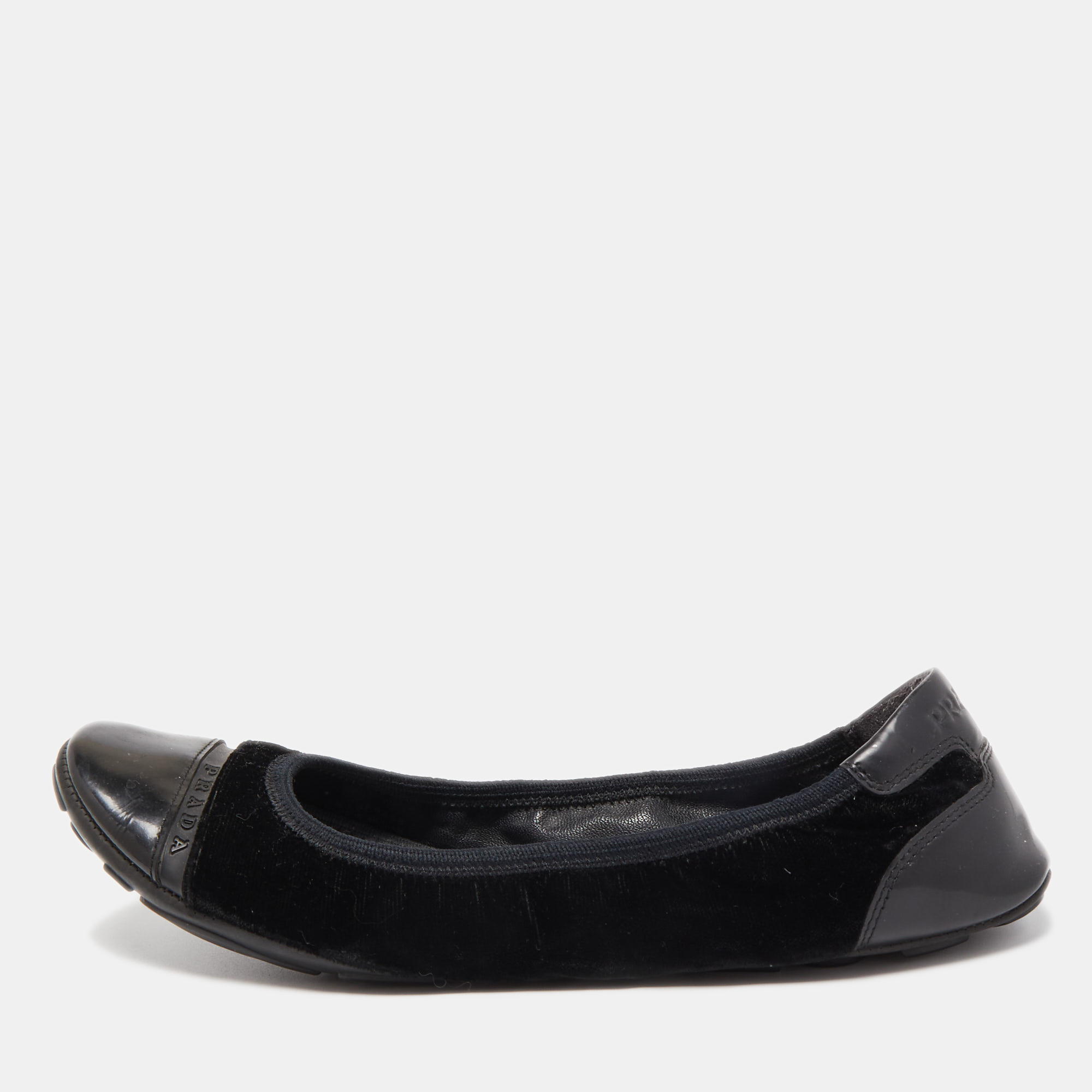 Prada Sport Black Velvet And Patent Leather Ballet Flats Size 36