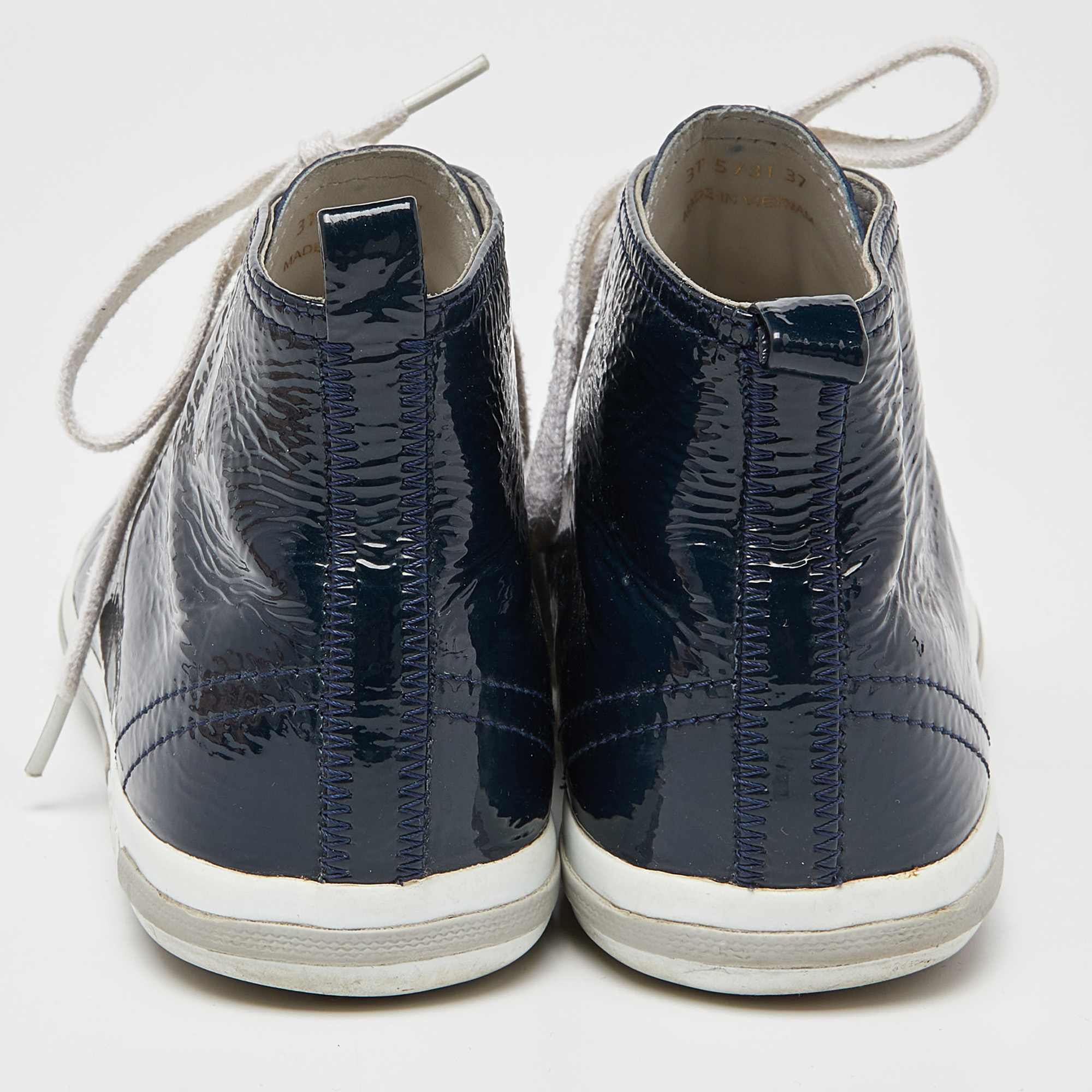 Prada Sport Navy Blue/White Patent Leather And Rubber High Top Sneakers Size 37