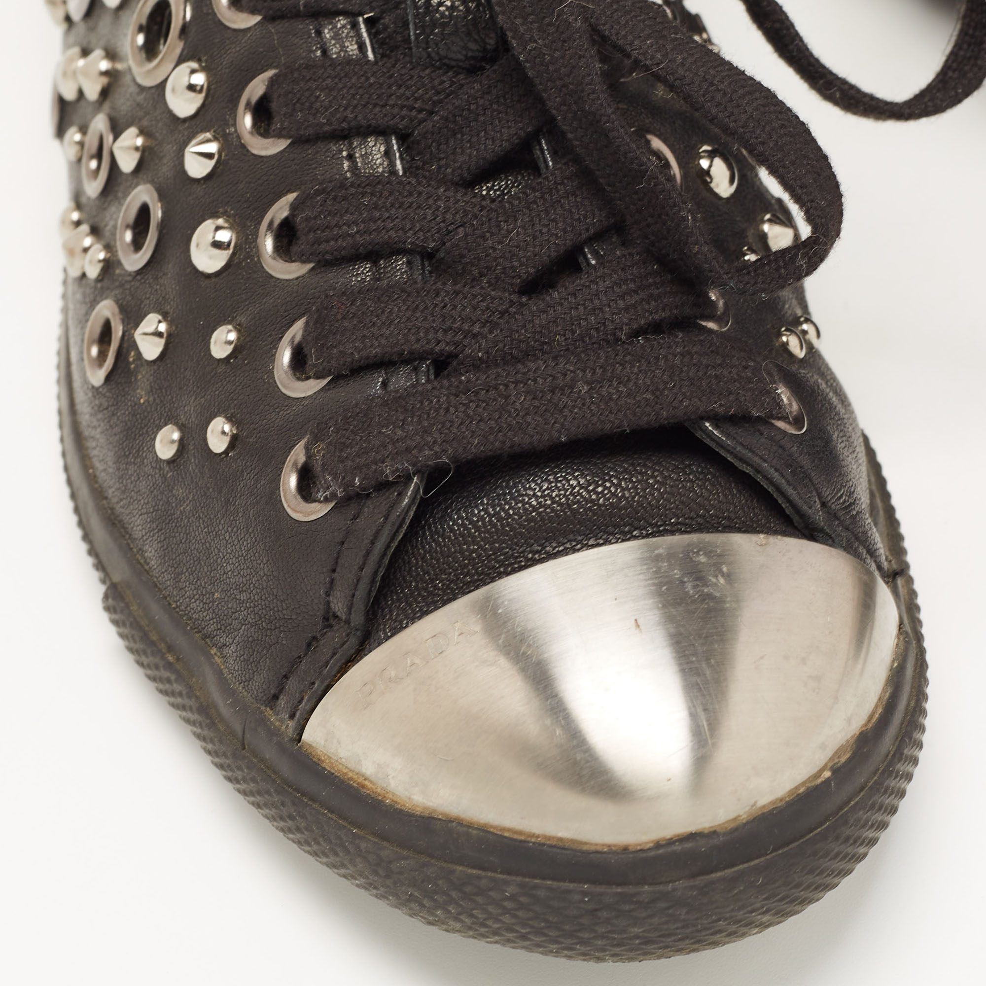 Prada Sport Black Leather Studded Low Top Sneakers Size 37