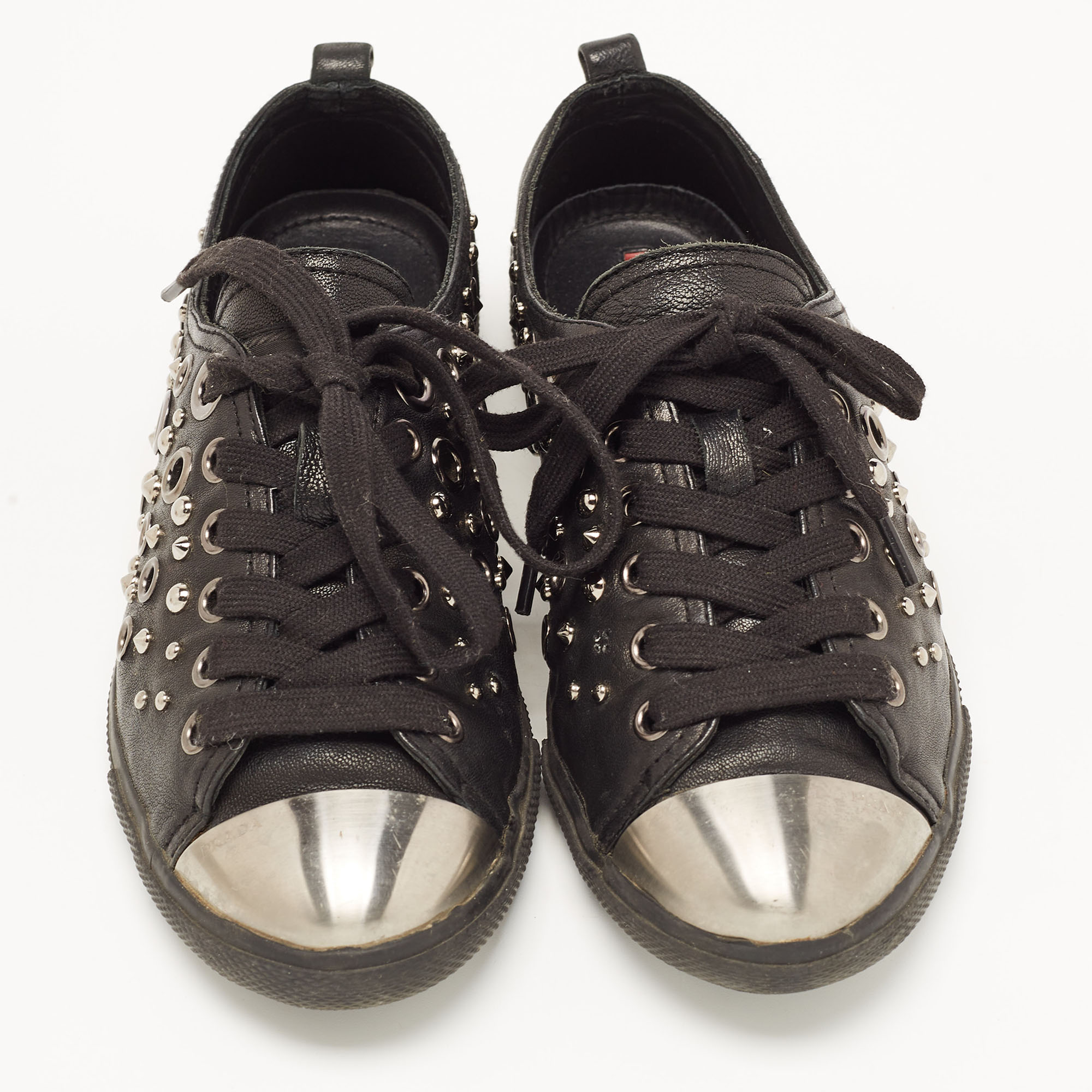 Prada Sport Black Leather Studded Low Top Sneakers Size 37