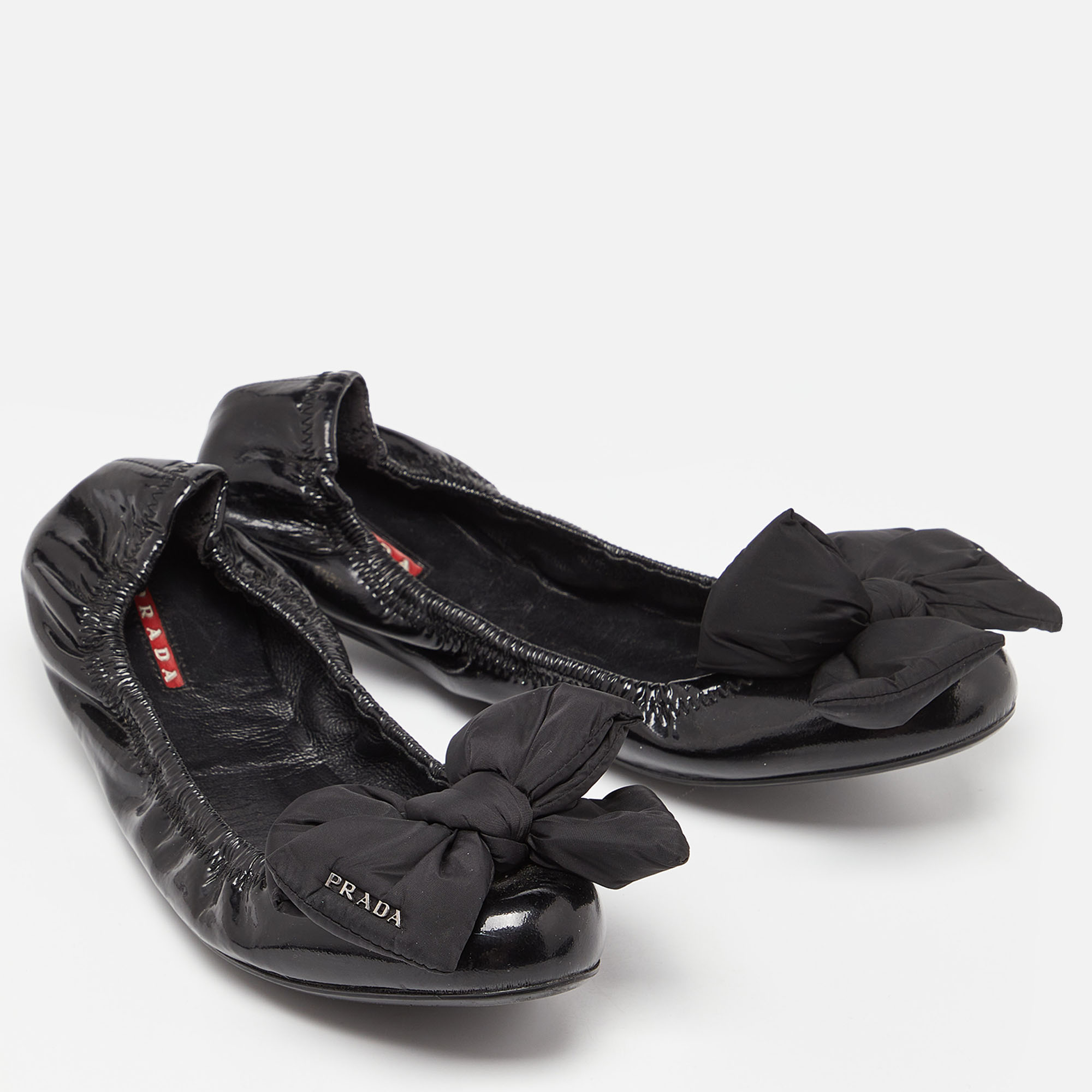 Prada Sport Black Patent Leather Bow Scrunch Ballet Flats Size 40