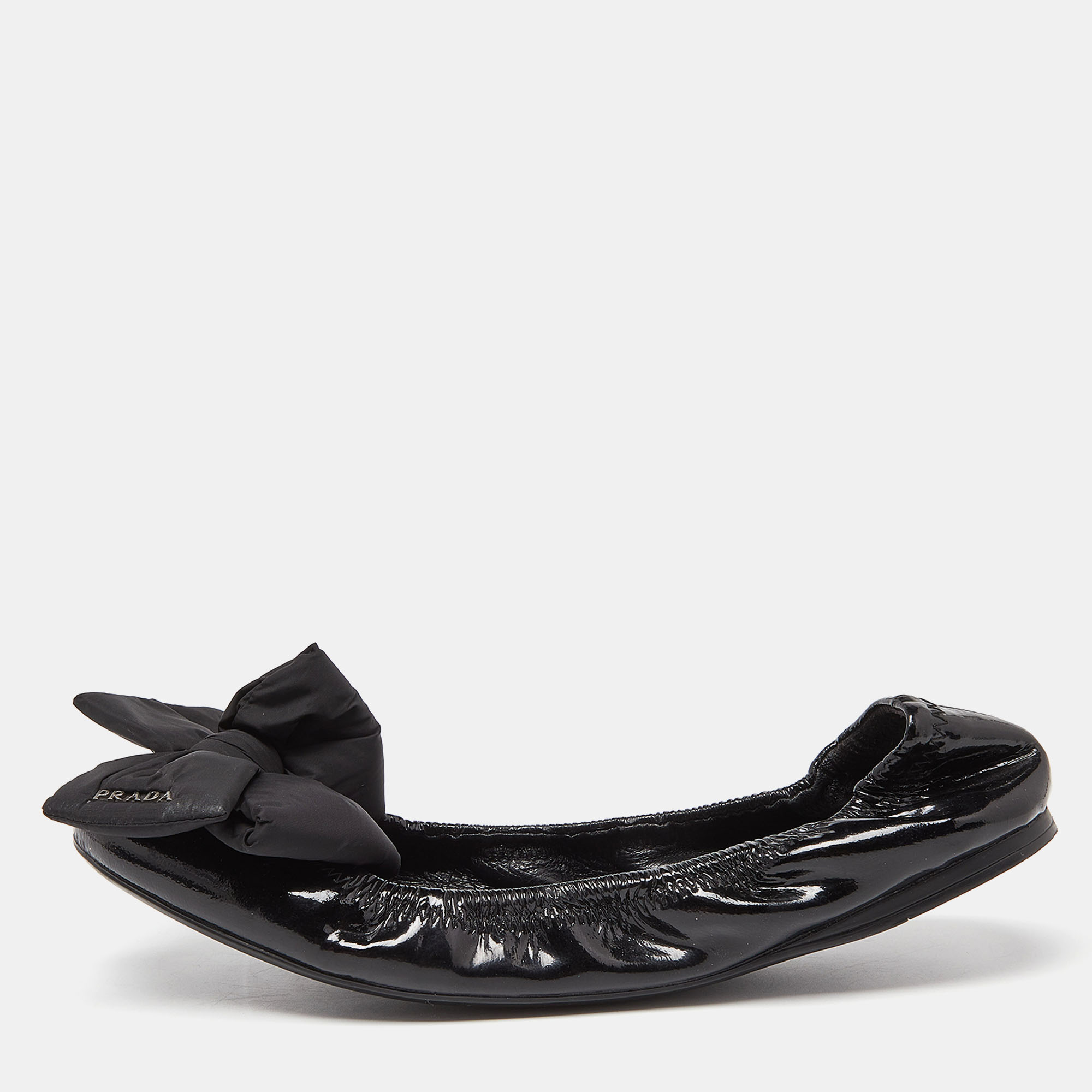Prada Sport Black Patent Leather Bow Scrunch Ballet Flats Size 40