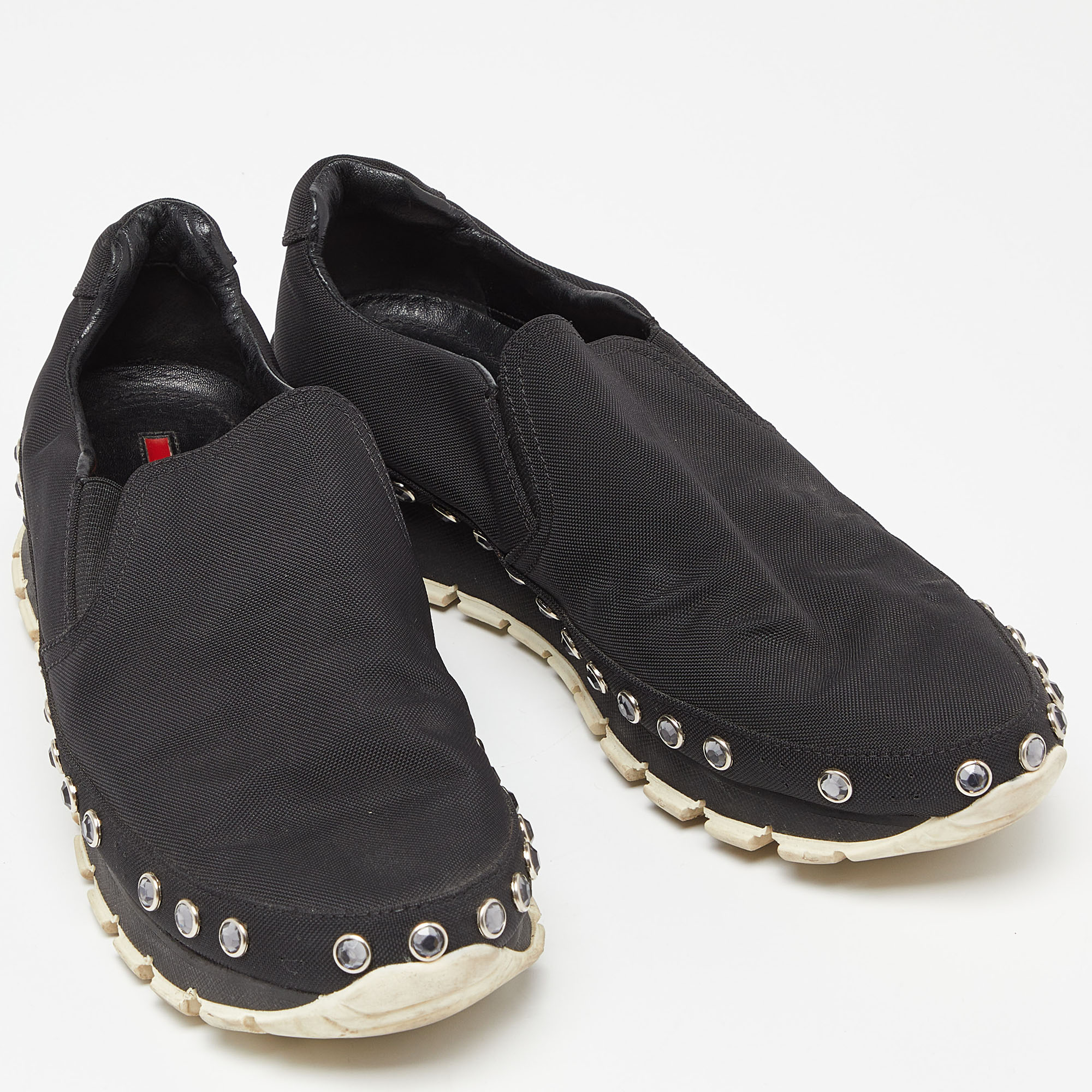Prada Sport Black Nylon Crystals Embellished Slip On Sneakers Size 41