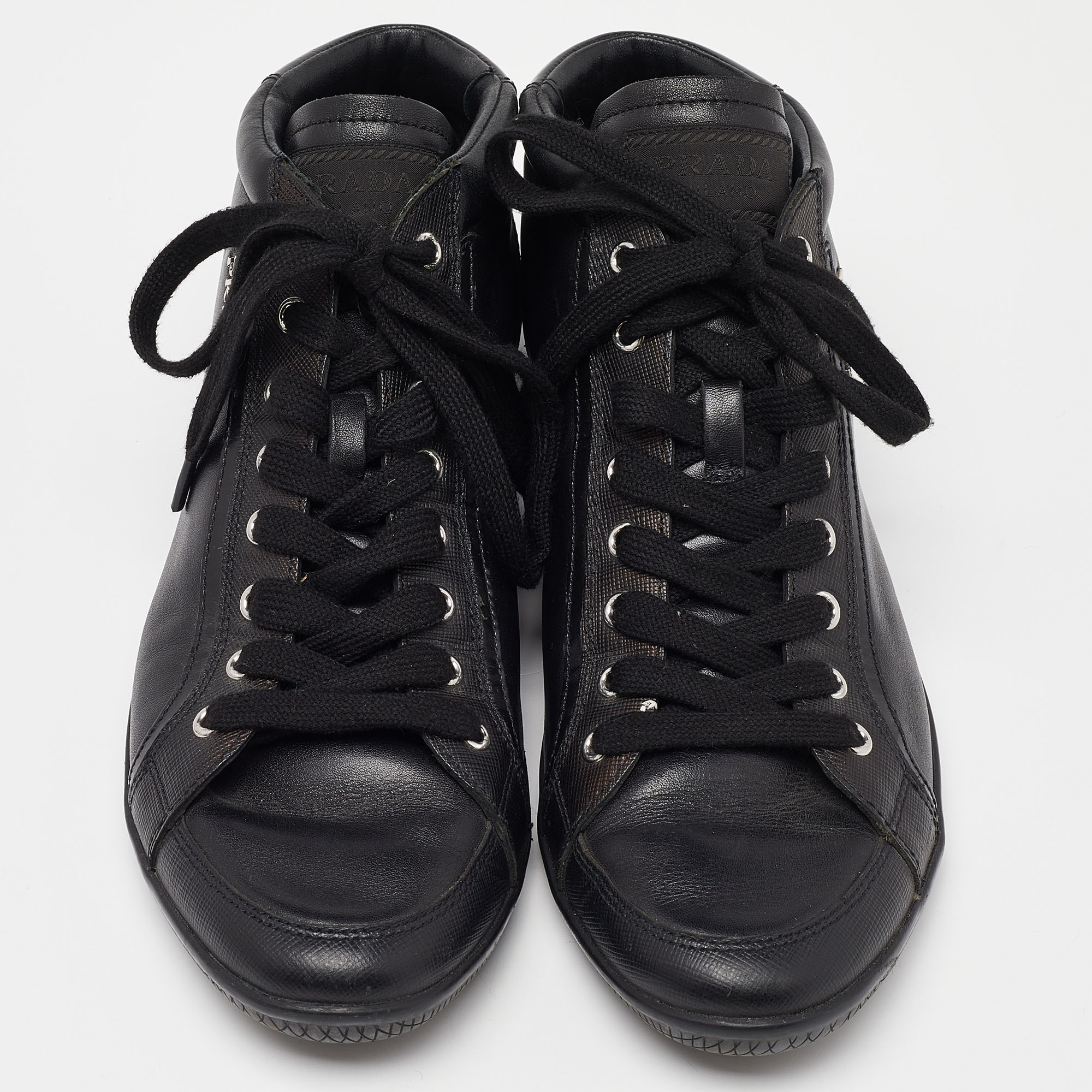 Prada Sports Black Leather High Top Sneakers Size 39