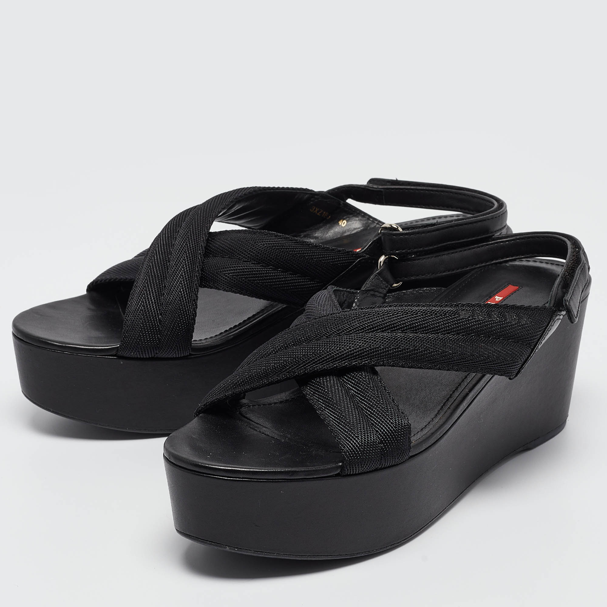 Prada Sport Black Leather And Canvas Strap Wedge Sandals Size 40