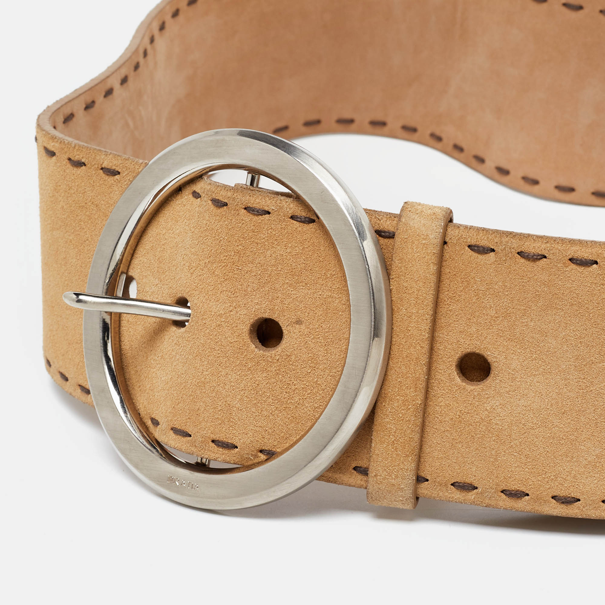 Prada Beige Suede Round Buckle Wide Belt 85CM