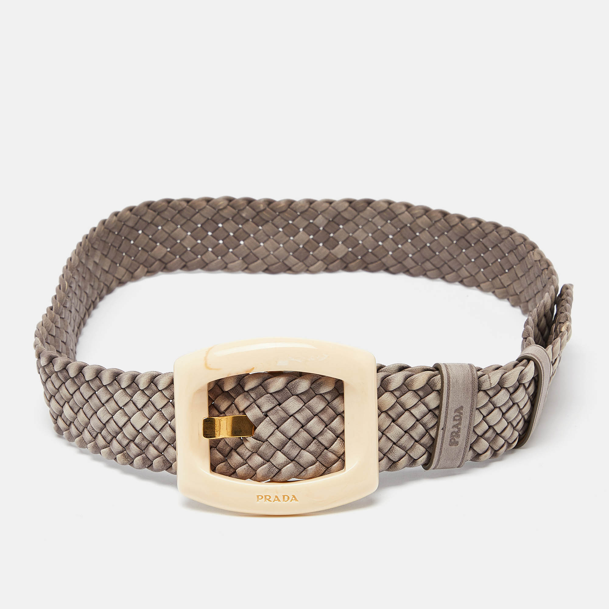 Prada grey braided leather buckle belt 80cm