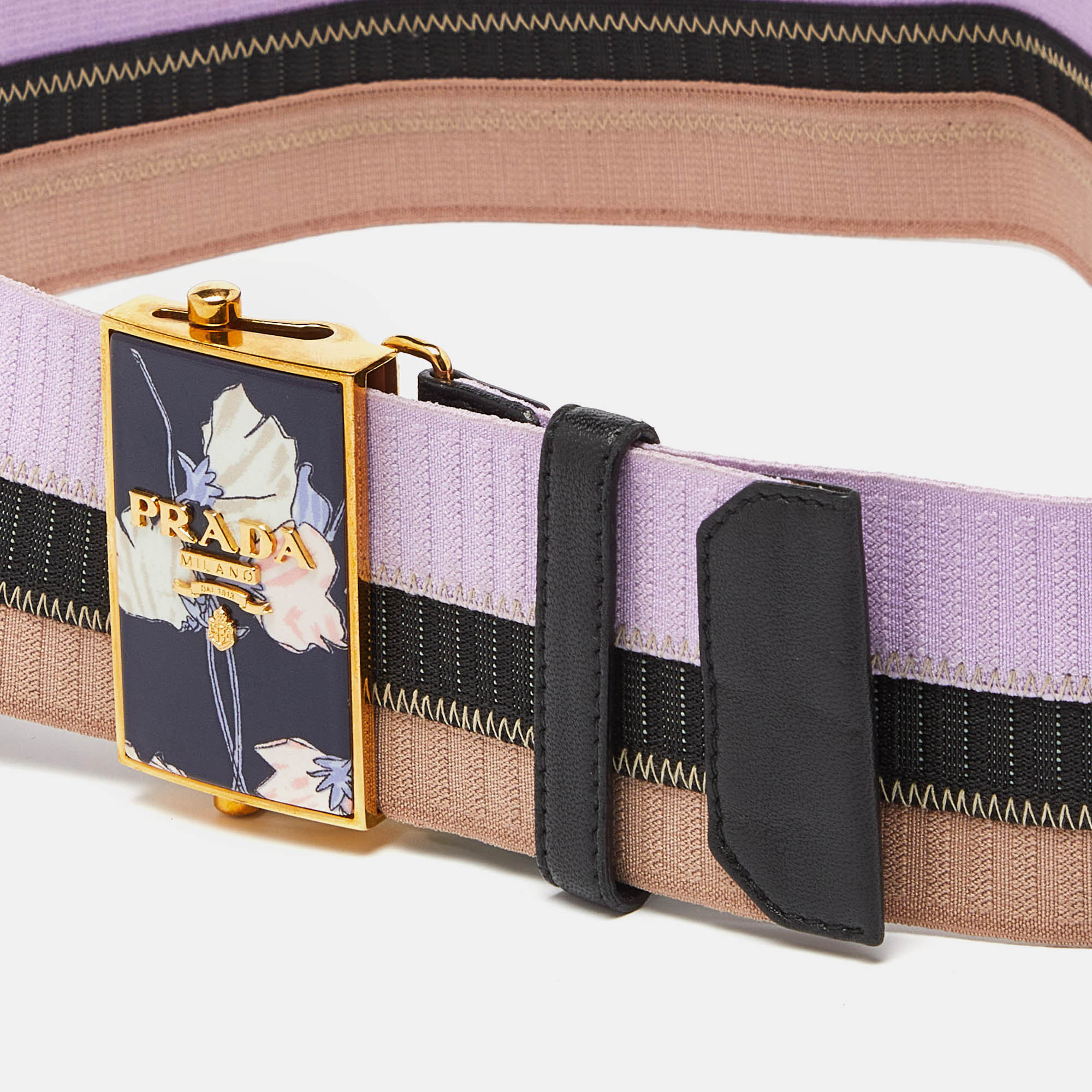 Prada Tricolor Elastic Fabric And Leather Floral Logo Plague Belt 75CM