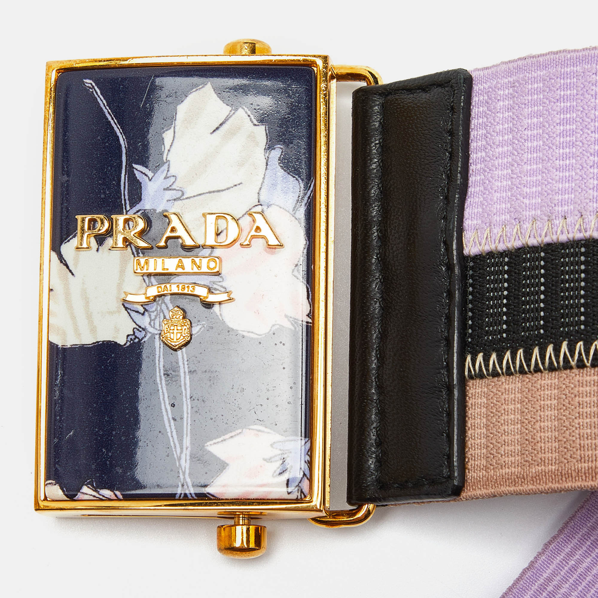 Prada Tricolor Elastic Fabric And Leather Floral Logo Plague Belt 75CM