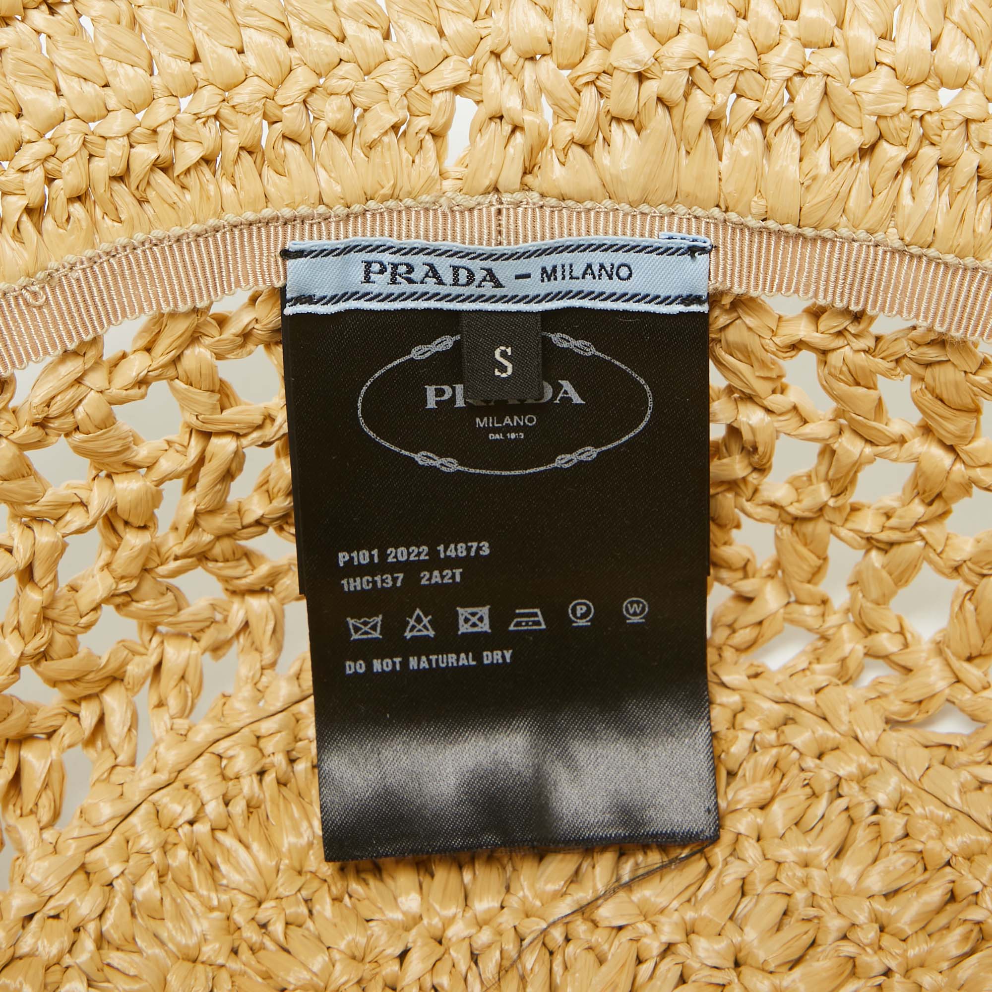 Prada Beige Logo Raffia Bucket Hat S