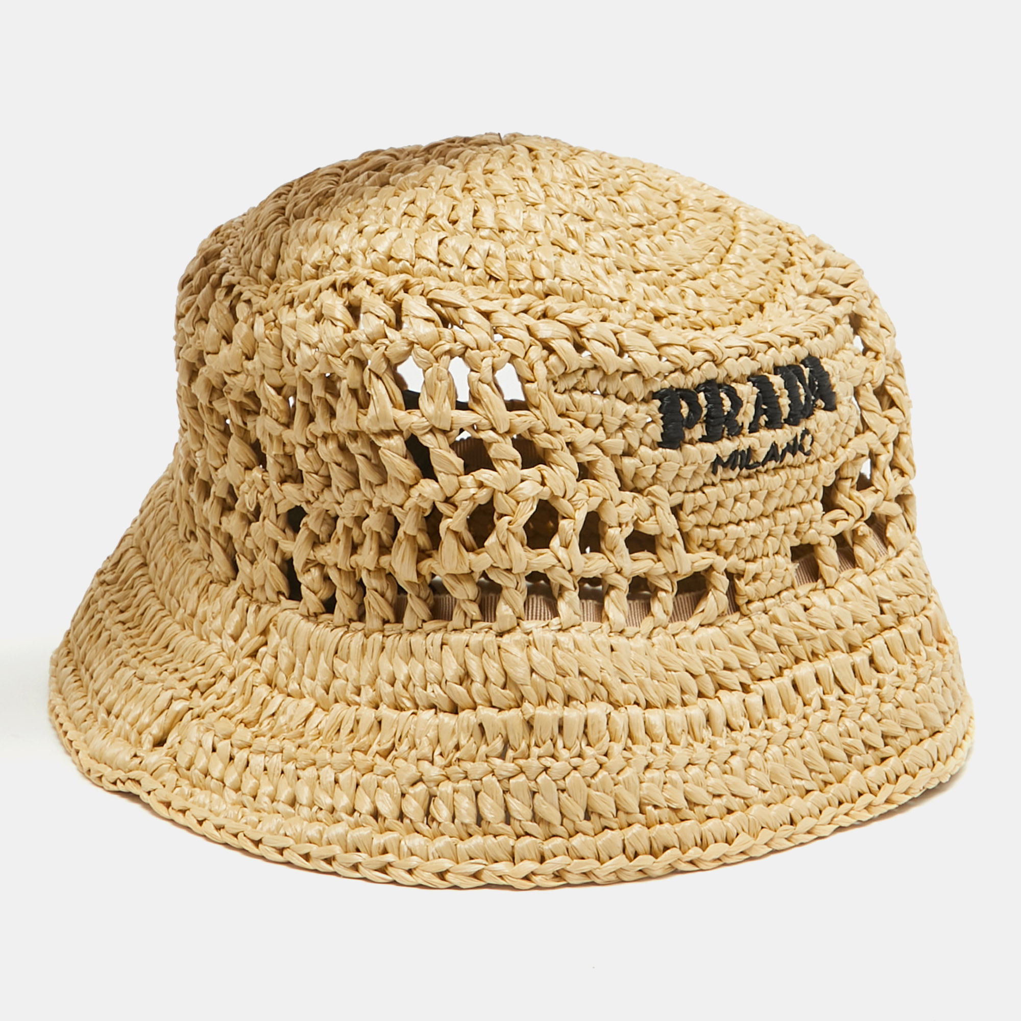 Prada Beige Logo Raffia Bucket Hat S