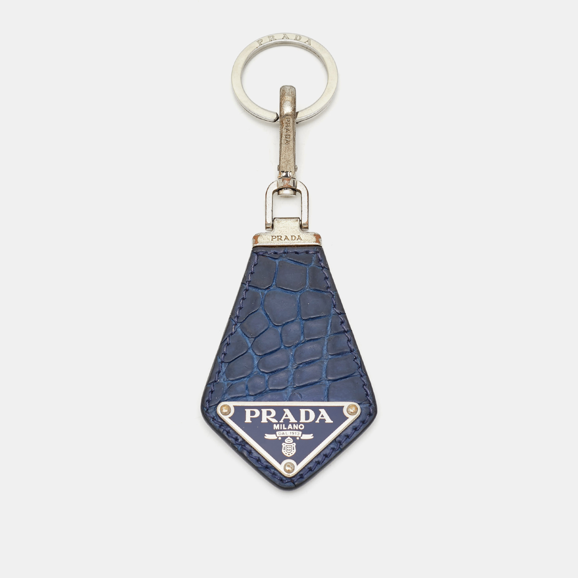 Prada Blue Crocodile Triangle Logo Key Chain